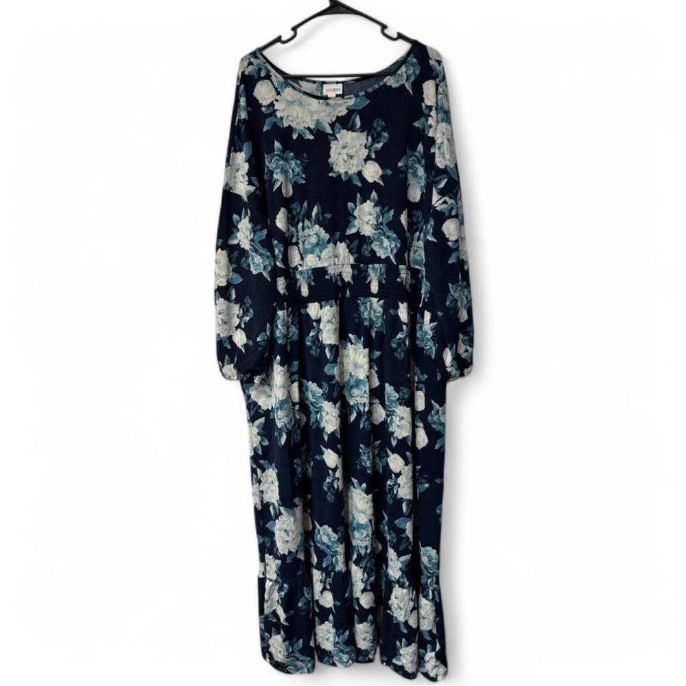 LuLaRoe Navy Blue Floral Evelyn Smock Waist Long Sleeve Maxi Dress Size 3XL NWT